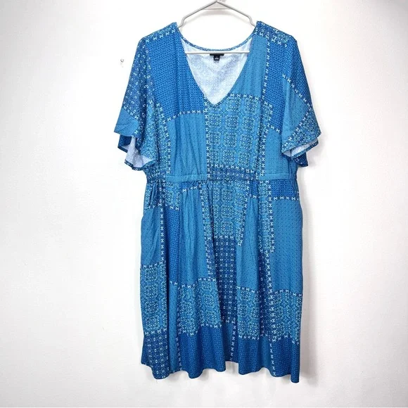 Torrid Blue Patchwork Short Sleeve Pockets Challis Flare Dress Size 1X - Picture 5 of 10
